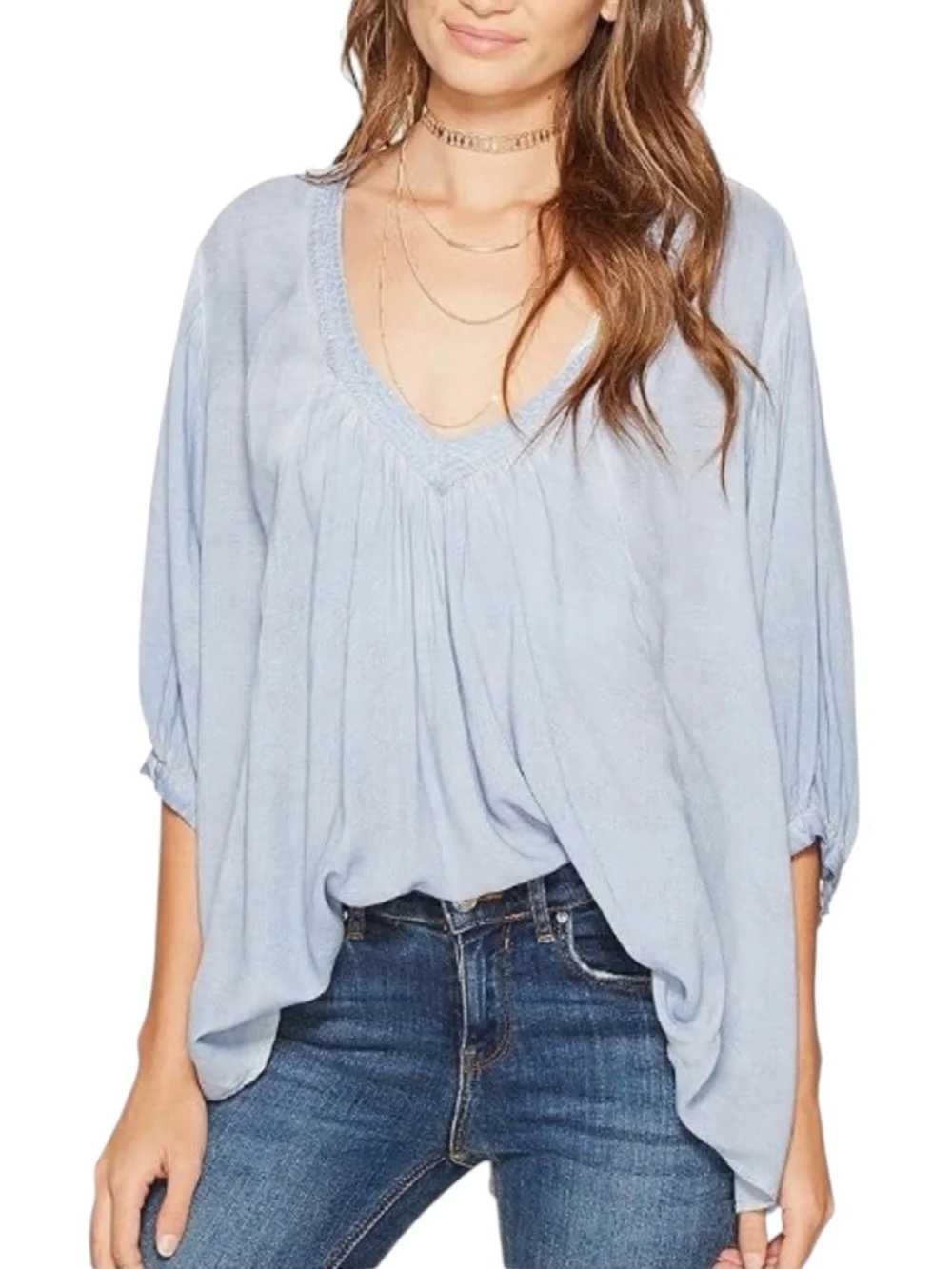 FREE PEOPLE CATCH ME IF YOU CAN LIGHT BLUE OVERSIZED SWING BOHO PEASANT BLOUSE